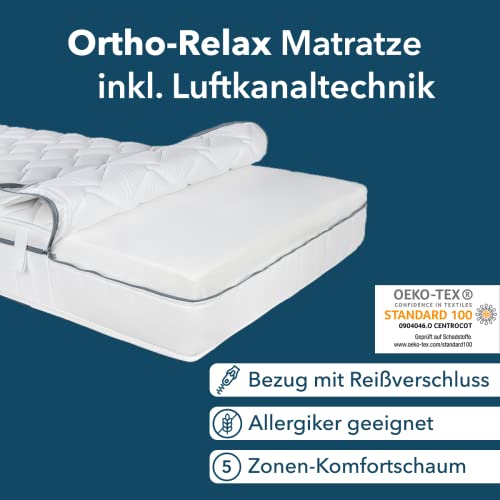 Ortho-Relax Matratze 140x200cm, 23cm hoch, Härtegrad H3, 100 Nächte Probeschlafen, 5-Zonen-Spezial-Komfortschaum-Matratze, Luftkanaltechnik & Klimaband für erhöhte Atmungsaktivität, Öko-Tex 100
