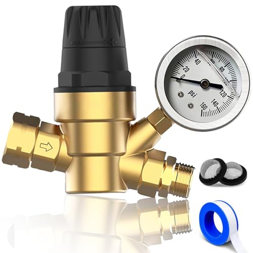 RV Water Pressure Regulator Value for RV Camper and Travel Tailer, Brass Lead-Free Water Pressure Regulator with Gauge and Handle Adjustment Knob, Filters