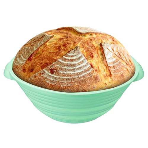 Banneton Bread Proofing Basket 9 Inch - Round Silicone Foldable Non-Stick Sourdough Bread Baking Basket for Baking, Serving & Proofing - Bread Making Supplies Tools, Oven Safe, Green