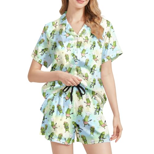 Image of Funny Satin Pajamas Set for Women Button Down Sleepwear Print Pjs Set 2 Piece Short Sleeve Loungewear Gift for Women