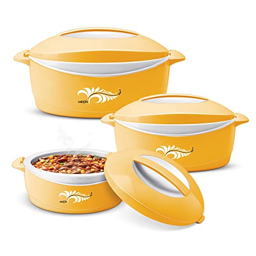 MILTON Delight Jr. Inner Stainless Steel Serving Casserole Gift Set of 3 (520 ml, 820 ml, 1.3 litres), PU Insulated Kitchen Hot Pot, Keeps Food hot & Fresh for Roti, Biryani, Yellow