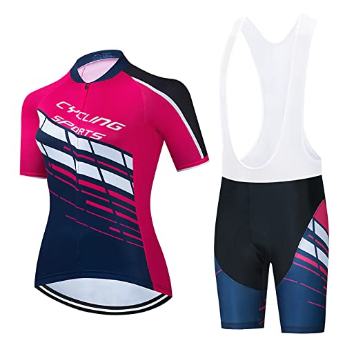 Maillot Cyclisme Tenue Cycliste Femme Vêtements Velo Été,Jersey VTT Shirt Manche Courte et Cuissard à Bretelle avec 19D Coussin Gel,Ensemble Combinaisons Cycling Route Respirant Séchage Rapide(1,L)