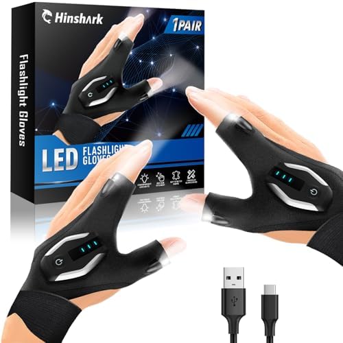 Hinshark Gifts for Men LED Flashlight Gloves, Anniversary Birthday Gifts for Men Dad Him Husband Boyfriend, Dad Gifts for Fishing Auto Repair, Camping Essentials Cool Gadgets Tools for Men