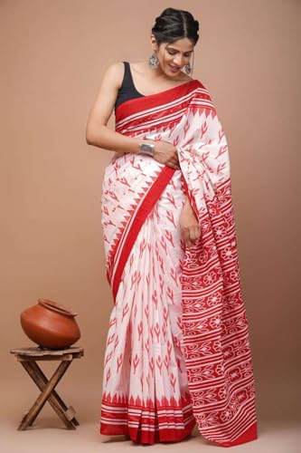 Image of Hand Block Printed Cotton Mulmul Saree | Soft Lightweight Summer Saree | Pure Cotton Traditional Indian Saree for Women