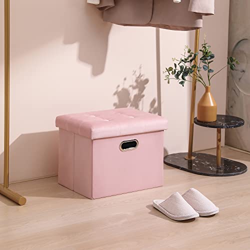 Prandom Ottoman With Storage [1-Pack] Velvet Folding Small Square Foot Stool With Lid For Living Room Bedroom Coffee Table Dorm Toy Pink 17X13X13 Inches #TOP3