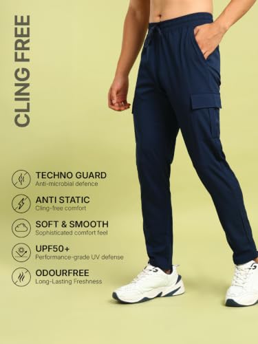 Image of TECHNOSPORT Men's Straight Fit Cargo Track Pants with Multiple Pockets, TS Flexi Quick Dry Stretchable Lightweight Joggers for Gym and Casual Wear