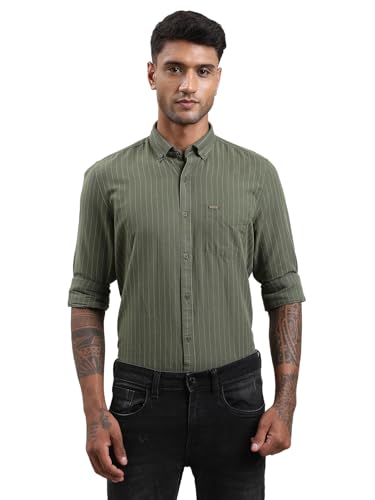 Image of Turtle Men Slim Fit Striped Cotton Linen Spanish Green Casual Shirt