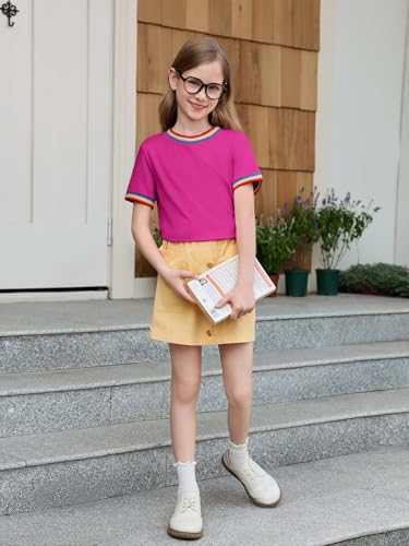 Image of Haloumoning Girls Short Sleeve T-Shirts Summer Rainbow Tops 5-14 Years | Kids Basic Tees, Rainbow Trim Ringer Tees, Crewneck Tops, Casual, Loose Fit