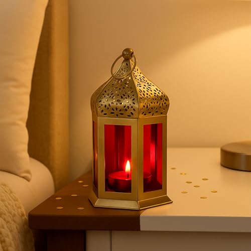 Image of MARKET 99 Metal & Glass Moroccan Lantern with Plain Glass | Christmas & Holiday Candle Holder, Festive Home Decor, Diwali & Birthday Decoration-Golden & Red | (Use LED T-Light only)
