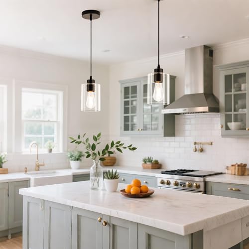 Image of MAYNA 2 Pack Black Pendant Lights Kitchen Island, Mini Pendant Light Fixture with Clear Glass Shade, Adjustable Cord Industrial Farmhouse Hanging Ceiling Lamp for Dining Room, Sink, Bar(Bulb Included)