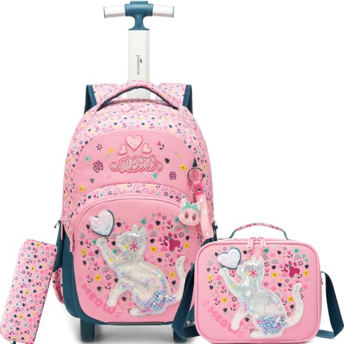 ZBAOGTW Girls Rolling Backpack for Kids Rolling Backpack for School Girls 3PCS Set with Lunch Bag Pencil Case Elementary Kids Wheeled Schoolbag Cute Cat Roller Backpacks for Girl