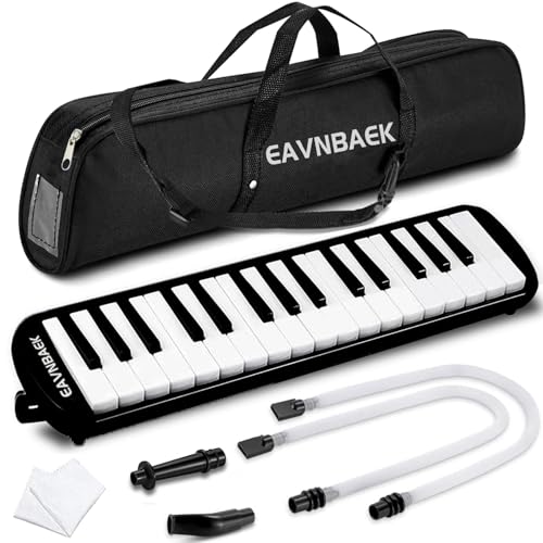 Eavnbaek 32 Keys Melodica Instrument, Soprano Melodica Air Piano Keyboard Pianica with 2 Soft Long Tubes, 2 Short Mouthpieces and Carrying Bag (Black)