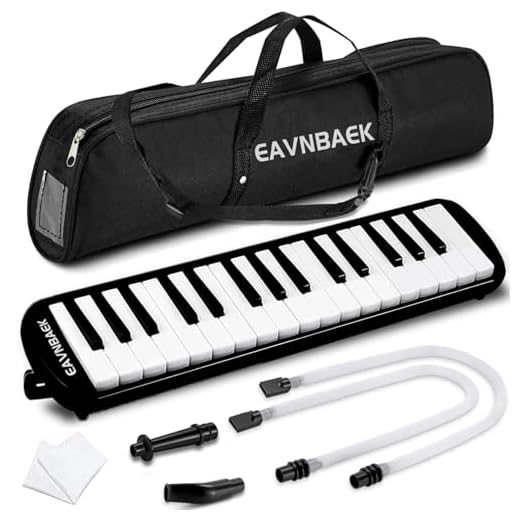 Eavnbaek 32 Keys Melodica Instrument, Soprano Melodica Air Piano Keyboard Pianica with 2 Soft Long Tubes, 2 Short Mouthpieces and Carrying Bag (Black)