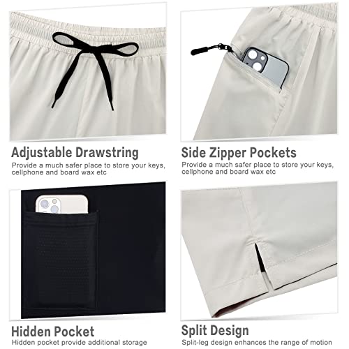 Cozople Mens Bathing Suit With Compression Lined Light Khaki Anti Chafing Swim Trunks Summer Quick Dry Swimming Trunks Beach Shorts #TOP4