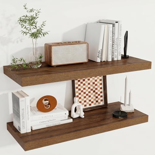 Image of Fun Memories Deep Floating Shelves, 32W x 12D Walnut Wall Shelves, 32 Long Rustic Wood Wide Storage Shelves for Bedroom, Kitchen, Farmhouse, Laundry Room, Bedroom, Kitchen, Home Office- Set of 2