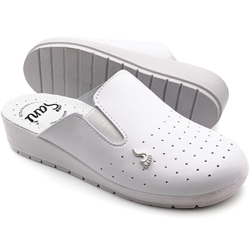 Chanclas sanitarias anatómicas para mujer zapatillas de piel auténtica zapatos ortopédicos con elástico ajustable zuecos Made in Italy, Color blanco., 37 EU