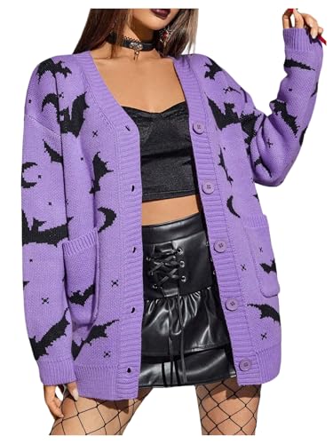 WDIRARA Womens Gothic Graphic Button Down Cardigan Sweaters Long Sleeve V Neck Knit Outerwear Purple Medium