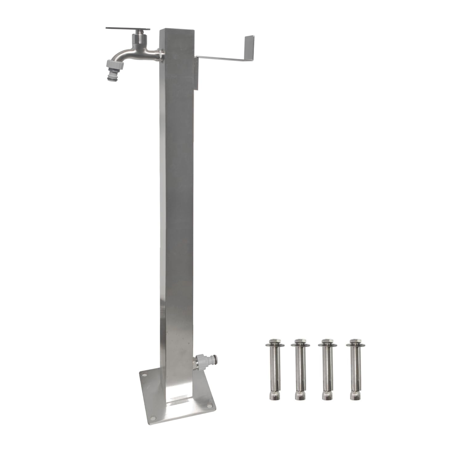Elbe Columna de agua de jardín cuadrada de acero inoxidable 87 cm - Resistente a las heladas - Con soporte para manguera, rosca exterior G1/2, con dos adaptadores de manguera de riego