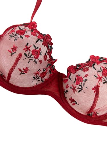 Lilosy Women Sexy Floral Embroidered Mesh Sheer Underwire Push Up Lingerie Set See Through Bra and Panty 2 Piece Flower Burgundy Red Medium