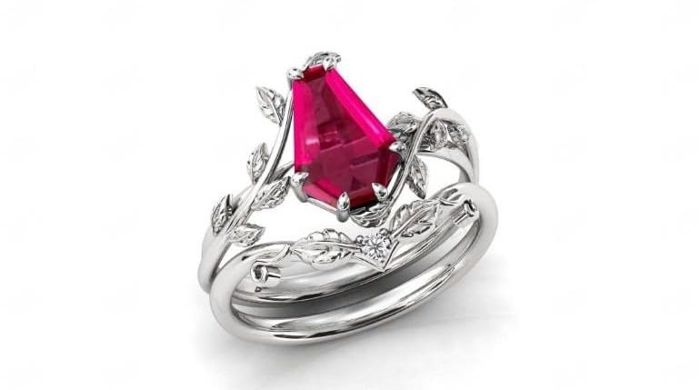 Vintage Red Ruby Engagement Ring Set Anniversary Ring Set For Women Coffin Shaped Art Deco Leaf Style Wedding Ring Set