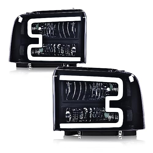 GRAND ORANGE LED DRL BAR Headlights Assembly Compatible with 2005-2007 Ford F250 F350 F450 F550 Super Duty/ 05 Ford Excursion Smoke lens Black Housing Clear Reflector