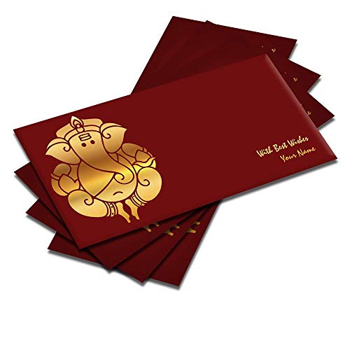 Image of Brown Cloud Customized Exclusive Gold Foil Red Shagun /Money /Gift Envelope /Cover /Lifafa for Gift /Festival with Personalized Text Message /Name /Photo (Pack of 10)
