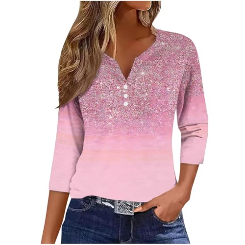 Womens Tops Casual Button V Neck Henley Shirt Dressy Retro Print 3/4 Sleeve Blouse Tunic Cotton T-Shirts Fall Clothes