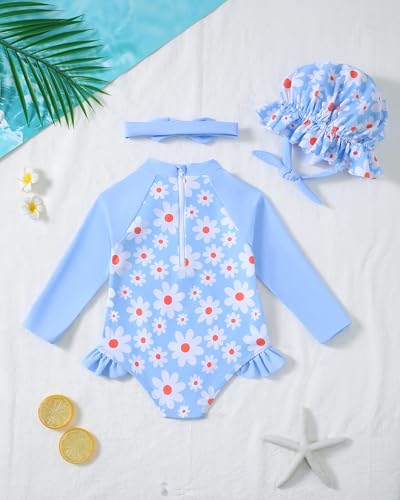 Image of SODLON Baby Girl Swimsuit Long Sleeve One-Piece Infant Bathing Suit 3M-3T