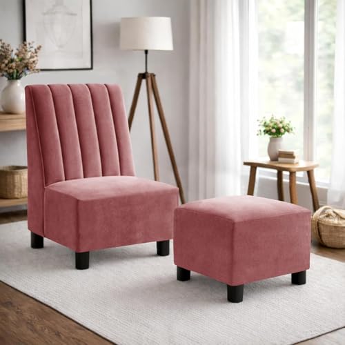 Image of Rosebell Sofa with Ottoman Combo Single Seater Sofa Set with Matching Footrest for Living Room & Guest Room, Office - Rose Pink Color