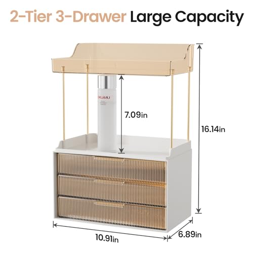 Image of Delamu 5-Tier Makeup Organizer, Bathroom Counter Storage, 3 Drawers, Amber