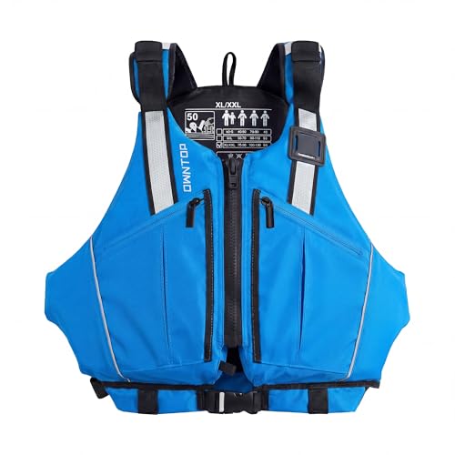 Owntop Schwimmweste Erwachsene | Verstellbare Auftriebsweste mit großzügigen Taschen, Reflexstreifen & flexiblen Armausschnitten | Schwimmhilfe für Kajak, Angeln, Bootssport, Paddeln (Blau,M-L)