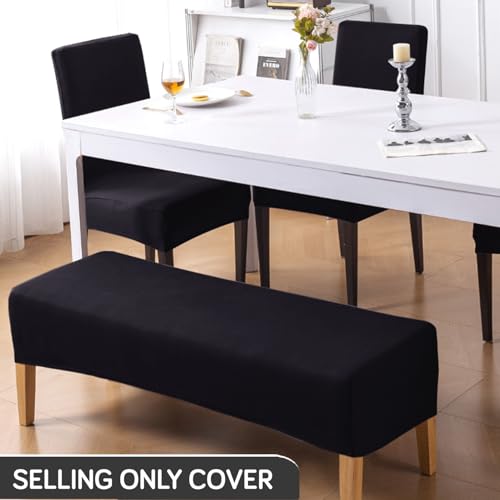 Image of HOKIPO 'SereneSolids' 140 GSM Dining Chair Cover Set of 4 with 1 Bench Cover, Black (AR-6282-BLK)