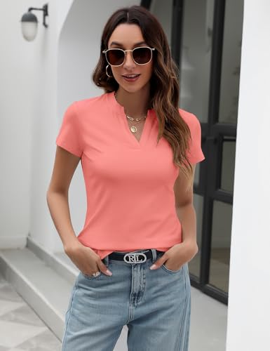 Image of Meetrendi Women's Notch V Neck T-Shirt Slim Fit Premium Cotton Blend Short Top