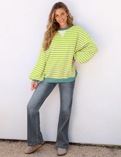 Image of UEU Women Oversized Striped Crewneck Sweatshirt Long Sleeve Color Block Pullover Tops Casual Loose Workout Shirt