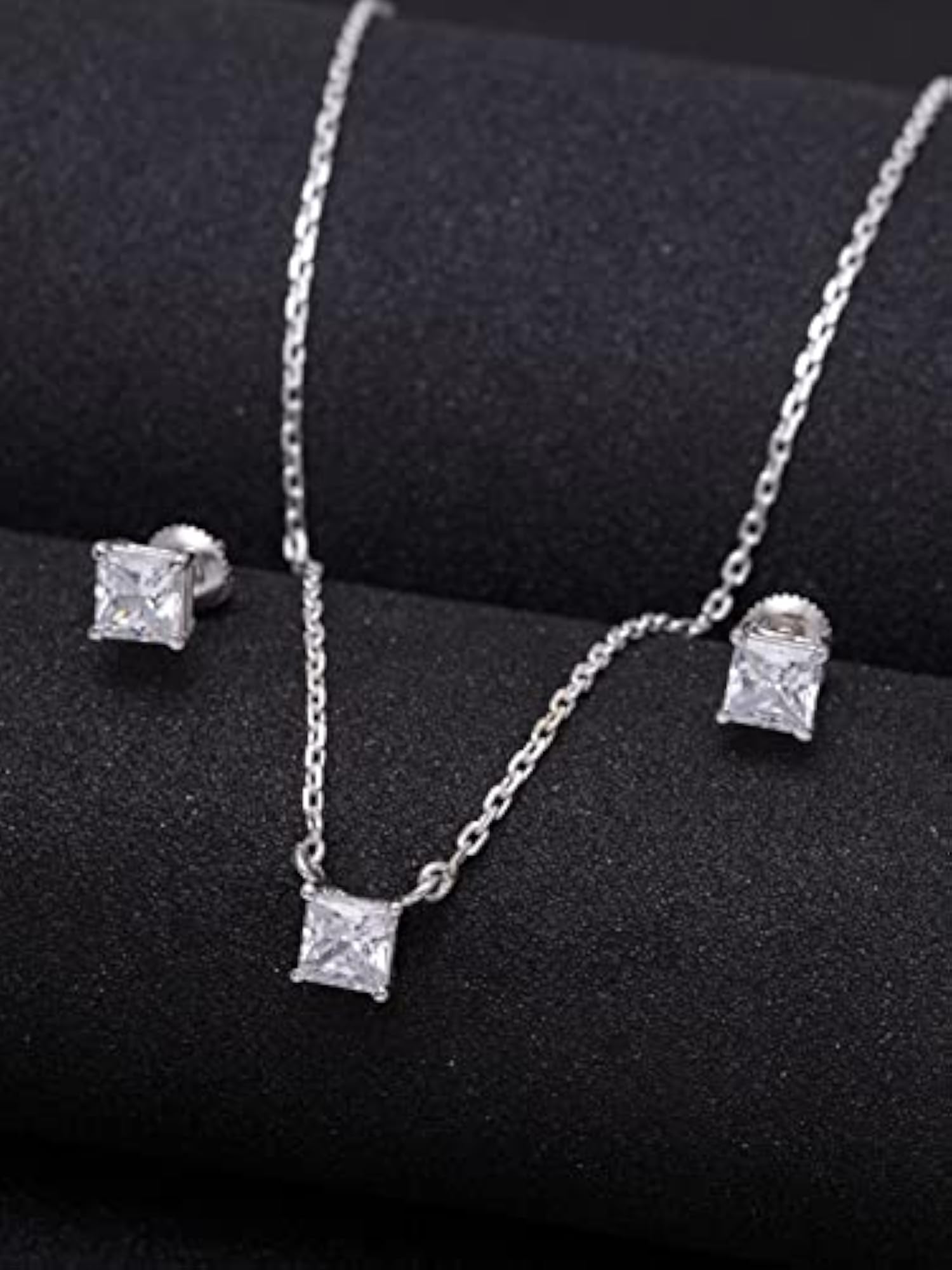 925 Sterling Silver Square Pendant Earring Chain Jewellery Set