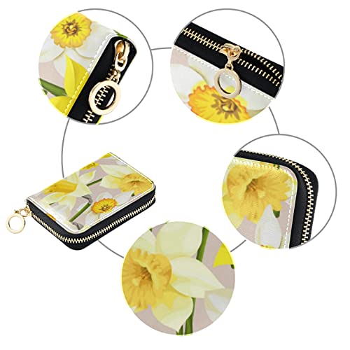 Seamless White and Yellow Daffodils Flowers Texture Grey Credit Card Coin wallet, RFID Blocking Compact Women Leather Card Holder, Key Change Organizer, Zipper Purse Clutch Pouch3