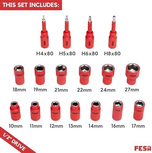 FESA Electrician Insulated Socket Set - 1000V 20-Piece Professional Insulated Ratchet & Socket Wrench Set (1/2" Drive) w/ 4 Hex Bits, T-Handle & Extension - 1000 Volt Insulated Tools for Electricians