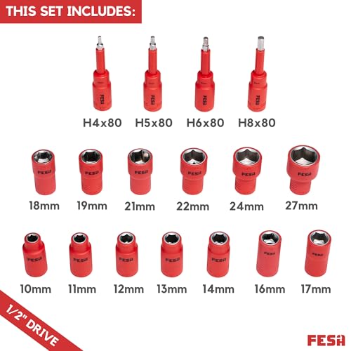 FESA Electrician Insulated Socket Set - 1000V 20-Piece Professional Insulated Ratchet & Socket Wrench Set (1/2" Drive) w/ 4 Hex Bits, T-Handle & Extension - 1000 Volt Insulated Tools for Electricians