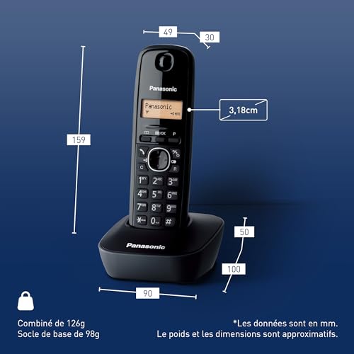 Panasonic KX-TG1611FRH DECT Téléphone Numérique Sans Fil, Base et Combiné, Identification de l'Appelant, Batterie Longue Durée, LCD, Mémoire de Rappel, Réveil, RÉPONDEUR Toute Touche, gris anthracite