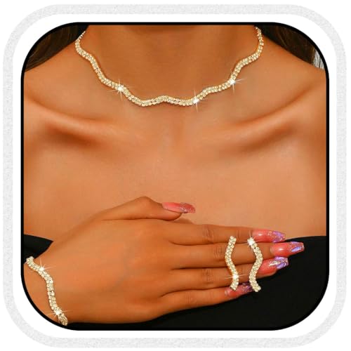 Aukmla Rhinestones Bridal Wedding Jewelry Set Choker Necklaces Earrings Bracelet