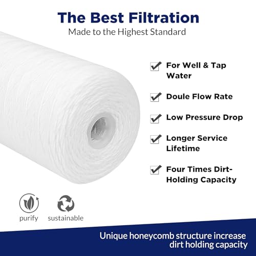 Membrane Solutions 5 Micron 10"x4.5" String Wound Whole House Water Filter Replacement Cartridge Universal Sediment Filters for Well Water - 3 Pack
