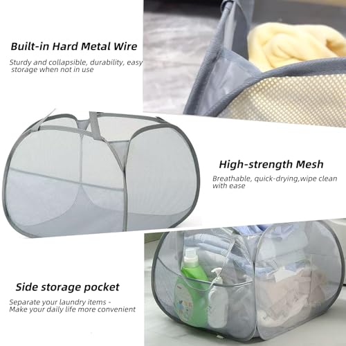 Image of Collapsible Laundry Basket 90L, Foldable Mesh Pop-up Laundry Hamper with Handles, Dirty Clothes Hamper for Laundry with Side Storage Pocket(Gray, 2PCS)
