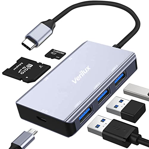 Image of Verilux 6 in 1 Portable Aluminum Type C Hub with TF /Micro SD Card Slot,3 USB 3.0 Ports DC 5V Charging Port Compatible for PC, Laptops,MacBook Pro /Air,Printer