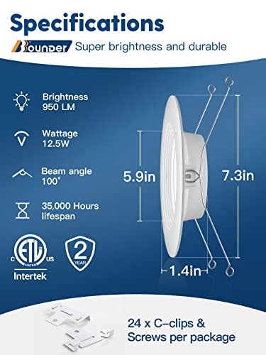 Bbounder 12 Pack 5/6 Inch Led Recessed Downlight, Baffle Trim, Dimmable, 12.5W=100W, 5000K Daylight, 950 Lm, Damp Rated, Simple Retrofit Installation -No Flicker #TOP5