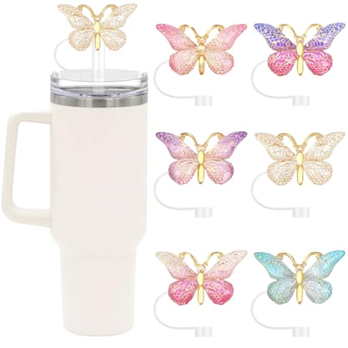 SEMATA 6PCS Cute Butterfly Straw Cover Cap for Stanley Cup Accessories,Bling Straw Toppers for Stanley Tumbler 40&30 oz,Reusable Straws Tips Protectors Compatible with 10mm Straws