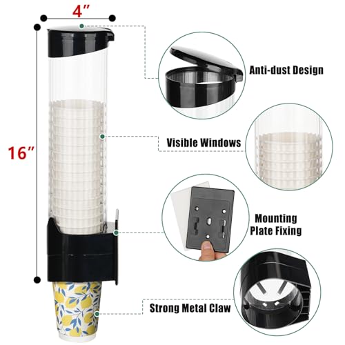 MYITYARD Large Cup Dispenser, Wall Mount Water Cooler Cup Dispenser Fits 9oz - 12oz Disposable Paper and Plastic Cups, Pull Type Cup Holder for Home Office Hospital Gym, Magnetic Mounting, Black by MYITYARD - Image 2