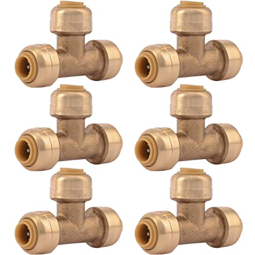 Image of SharkBite 1 /4 Inch (3 /8 Inch OD) Tee, Pack of 6, Push to Connect Brass Plumbing Fitting, PEX Pipe, Copper, CPVC, PE-RT, HDPE, U358LF