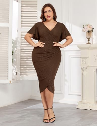 Image of ZOMVA Plus Size 0X-4X Sparkly Glitter Ruched Bodycon Midi Dress Sparkle Sequin Wrap Ruffle Sleeve Dress Cocktail Party Formal