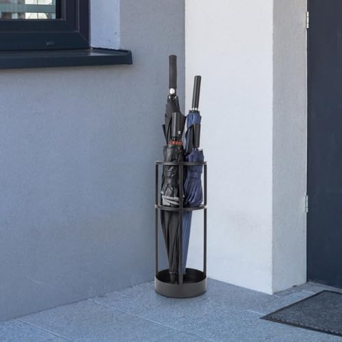 Image of Metal Umbrella Stand with Drip Tray, Black, Round, 19.7 x 8.0 Inch, Entryway Holder