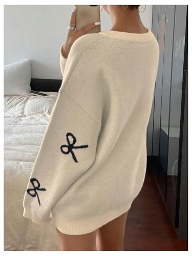 SOLY HUX Oversized Sweaters for Women Y2k Bow Print Crew Neck Drop Shoulder Long Sleeve Knit Pullover Tops2